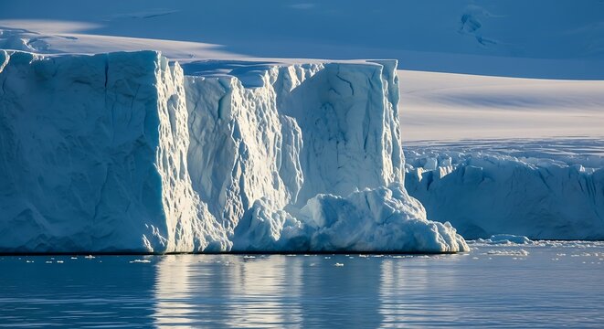 A massive, sunlit polar ice cliff towering over the deep blue ocean, highlighting the sheer scale of the glacier.
