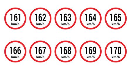 Speed limit sign 161, 162, 163, 164, 165, 166, 167, 168, 169 and 170 km h icon vector design illustration set