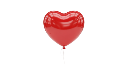 Shiny red heart-shaped balloon floating with string, romantic party decoration, symbol of love and celebration, Valentine’s Day, isolated on white background, PNG image for festive design projects.

