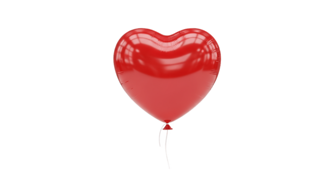 Shiny red heart-shaped balloon floating with string, romantic party decoration, symbol of love and celebration, Valentine’s Day, isolated on white background, PNG image for festive design projects.

