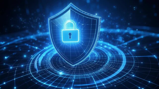 Glowing blue holographic shield with padlock icon representing cybersecurity, data protection, and safe technology in a digital futuristic environment. - Powered by Adobe