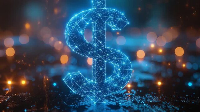 Polygonal dollar sign composed of glowing digital connections floating above a dark bokeh background symbolizing virtual finance and fintech innovation.