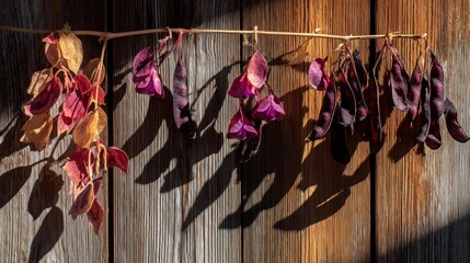 Dried flowers hang from a string against a wooden wall, casting shadows