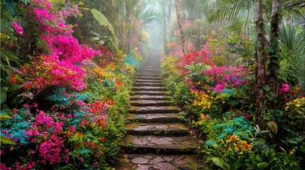 Lush, colorful staircase through vibrant tropical garden
