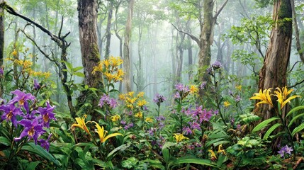 Misty forest floor, vibrant blooms