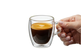 Extreme macro close-up of a fair hand holding a clear demitasse cup with rich italian espresso and perfect golden crema, crisp focus, isolated on white copy space. Concept for gourmet coffee