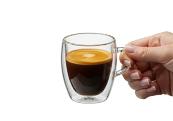 Extreme macro close-up of a fair hand holding a clear demitasse cup with rich italian espresso and perfect golden crema, crisp focus, isolated on white copy space. Concept for gourmet coffee