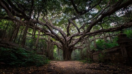 Ancient, sprawling banyan tree in a lush forest