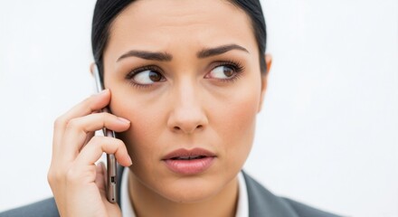 A concerned businesswoman on a serious phone call with a worried expression. Close-up of a professional woman receiving bad news. Isolated on a white background with copy space