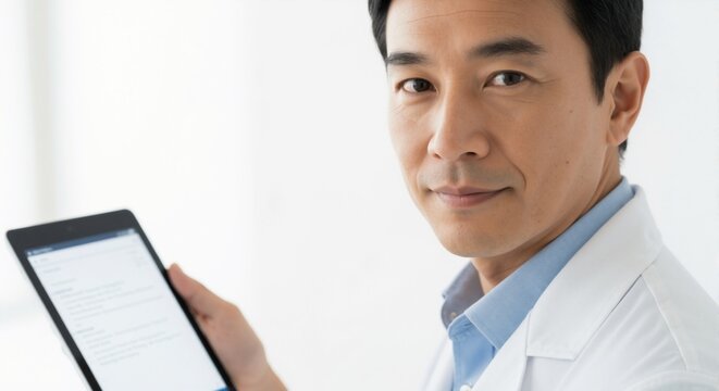 Portrait of a professional asian doctor with a digital tablet. Male physician in a white lab coat looking at the camera. Modern healthcare and medical technology concept