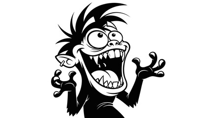 Fototapeta premium A black and white cartoon illustration of a crazy, wild monster with a huge grin and spiky hair.