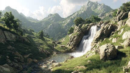 Mountain valley with waterfall. Lush greenery and misty peaks