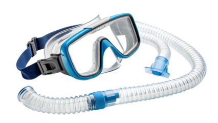 Blue and clear snorkeling mask and tube isolated on transparent background