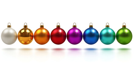 Row of Colorful Christmas Ornaments on White Background