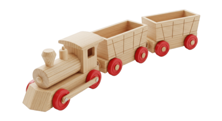 Classic wooden toy train with two wagons and red wheels, handcrafted children’s plaything, educational and eco-friendly, isolated on white background, vintage kids’ toy, PNG image for design use.

