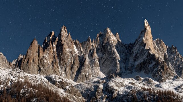 Majestic snow-capped mountain peaks under a starry night sky
