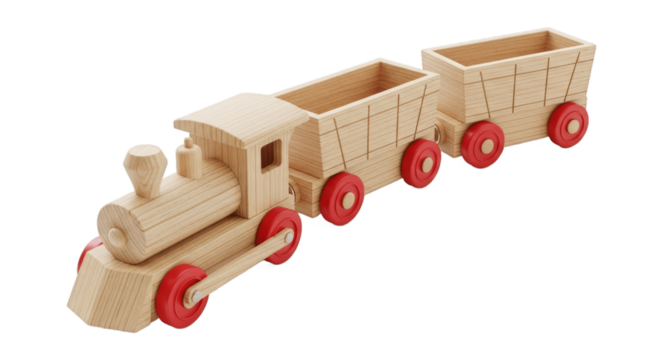 Classic wooden toy train with two wagons and red wheels, handcrafted children’s plaything, educational and eco-friendly, isolated on white background, vintage kids’ toy, PNG image for design use.

