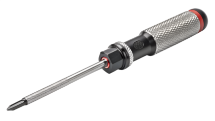 Precision screwdriver with a knurled handle and interchangeable bit, isolated on transparent background