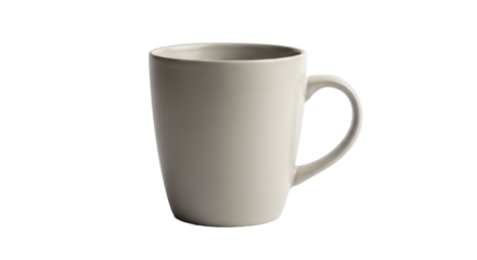 Minimalist white ceramic coffee mug with handle, isolated on white background, perfect for tea, coffee, hot beverages, kitchenware, home and office use, simple and elegant design, PNG format.

