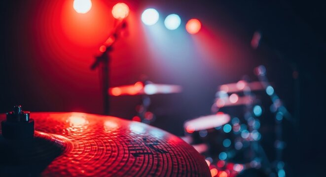 Professional drum kit on a concert stage with dramatic lighting. Close up of a cymbal before a live performance. Musical instrument for a rock band gig. Entertainment and nightlife event concept