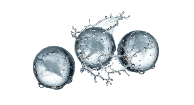 Three crystalline ice spheres colliding violently, captured in razor-sharp macro stop-action, exploding into thousands of pure water droplets on transparent. Concept for premium beverage