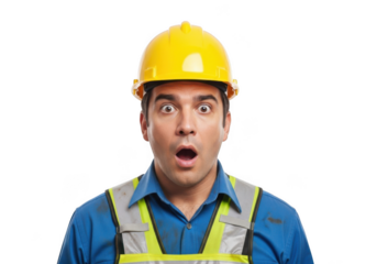 Shocked construction worker wearing yellow hard hat and reflective vest with mouth open in surprise isolated on transparent background