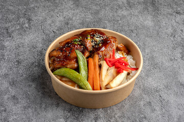 Teriyaki Chicken Donburi with Vegetables in Eco Takeaway Bowl