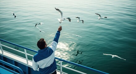 Man feeding seagulls from a boat deck. Summer travel and vacation lifestyle. Human interaction with coastal wildlife. Freedom and adventure on a sea journey. Tourist on a ferry cruise