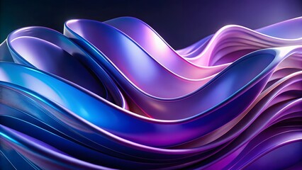 Abstract blue and purple shapes with reflective surfaces create a dynamic wave pattern on a dark background.