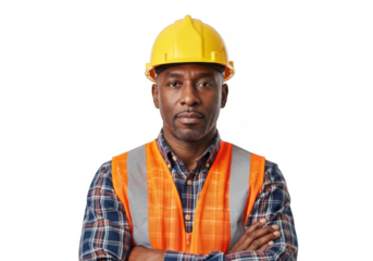 A serious construction worker wearing a yellow hard hat and orange safety vest with arms crossed isolated on transparent background