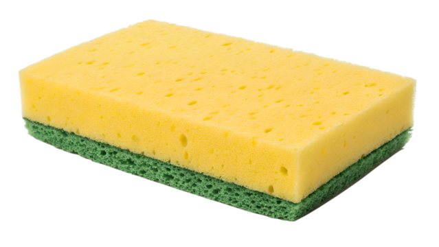 Yellow and green kitchen sponge for cleaning isolated on transparent background