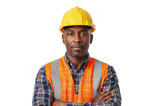 A serious construction worker wearing a yellow hard hat and orange safety vest with arms crossed isolated on transparent background