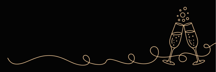 Minimalist line art of champagne glasses on black background, festive banner with champagne glasses on black