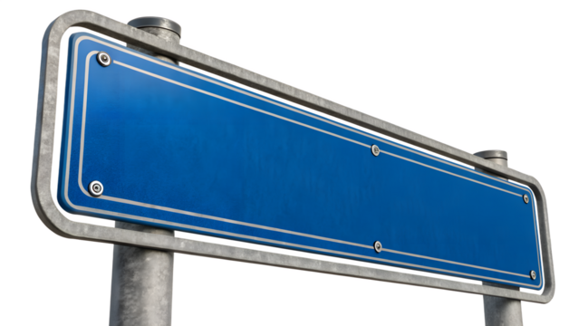 Blank blue street sign on a metal pole isolated on transparent background