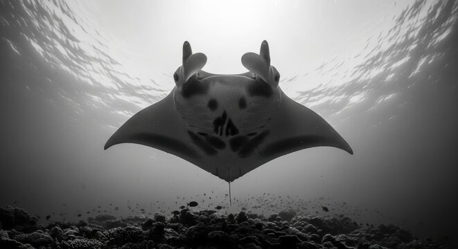 Giant oceanic manta ray gliding over a coral reef. Dramatic black and white underwater perspective. Marine wildlife and sea life exploration. Concept for nature conservation and ecotourism
