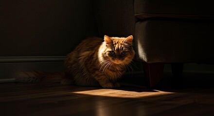 Ginger Cat Bathed in Sunlight on Wooden Floor