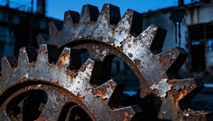 Old rusty gears from abandoned industrial machinery. Close-up detail of interlocking metal cogs showing corrosion and decay