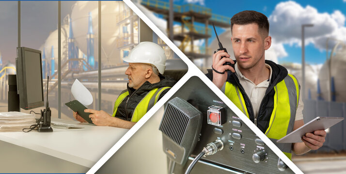 Factory security guards. Watchmans oil refinery. Security guards with walkie-talkies. Watchmans monitor factory. Men in yellow vests on industrial premises. Security guards specialists.