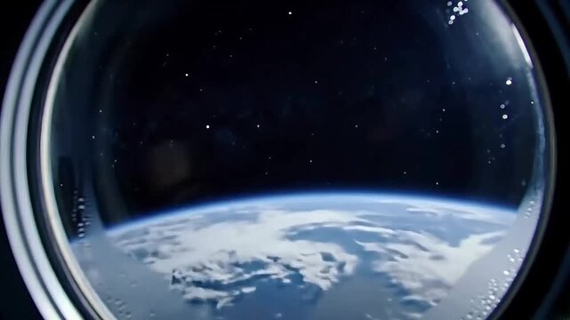Earth viewed from spaceship window in outer space   