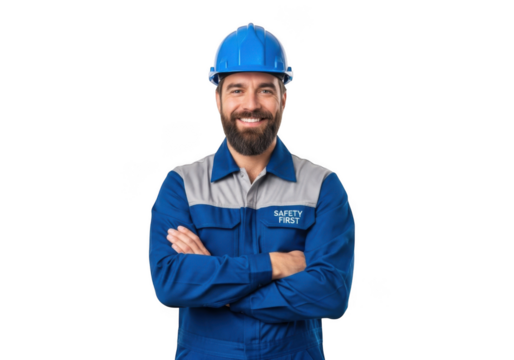 Smiling bearded construction worker wearing blue hard hat and work uniform with arms crossed isolated on transparent background