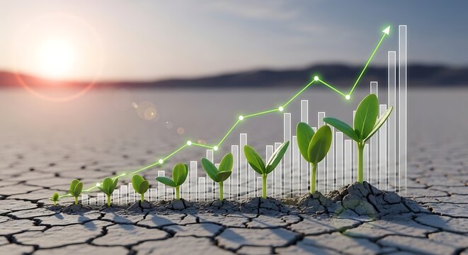 Seedlings growing in cracked earth with a rising line graph and bar chart in the background