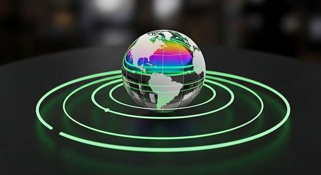 A globe with rainbow colors and green glowing circles on a dark surface in a blurred background - Powered by Adobe