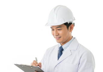 Asian male engineer wearing white hard hat and lab coat writing notes on clipboard isolated on transparent background