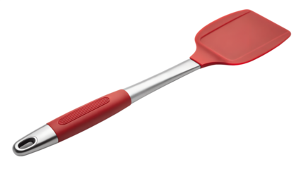 Red silicone spatula with stainless steel handle isolated on transparent background