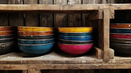Colorful bowls stacked on rustic wooden shelves