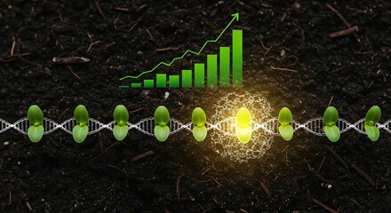 Green seedlings on dna strand with growth graph and network on soil background aerial view