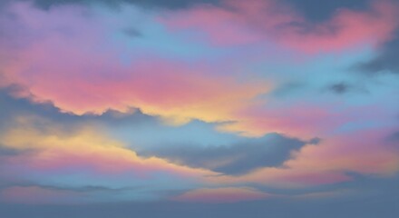 Fototapeta premium Painterly sky filled with pink, yellow, blue, and grey clouds at sunset