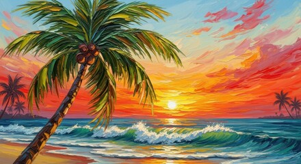 Fototapeta premium Painting of palm tree on a beach at sunset with vivid colors and ocean waves