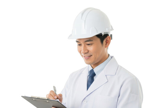 Asian male engineer wearing white hard hat and lab coat writing notes on clipboard isolated on transparent background