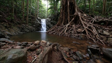 Lush rainforest waterfall scene